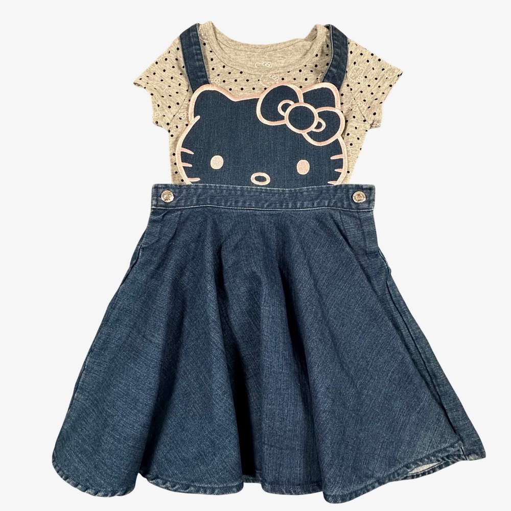 NWOT Hello Kitty Denim Little Girls‎ 2 Pc Overall Dress and T Shirt Set Girls 5